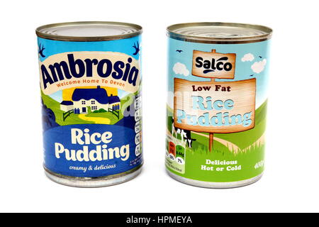 Camberley, UK - Feb 22nd 2017: Tin of Ambrosia Rice Pudding on white background, next to an 'own brand' Salco can Stock Photo