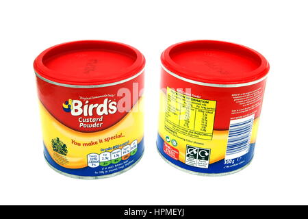Camberley, UK - Feb 22nd 2017: Front and rear of a carton of Bird's Custard Powder, an iconic British dessert topping since 1837 Stock Photo