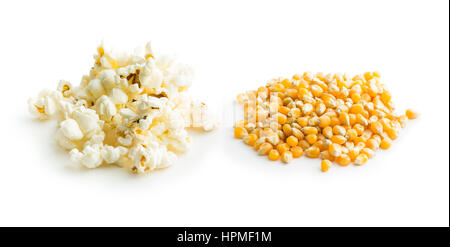 Popcorn and corn seeds isolated on white background. Stock Photo