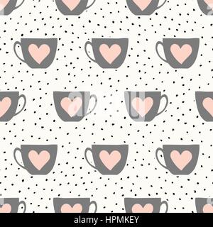 Seamless repeating pattern with cute cups in gray and pastel pink on dots background. Stock Vector