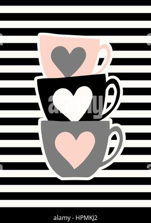 Stacked cute coffee cups in black, gray and pastel pink on striped background. Stock Vector