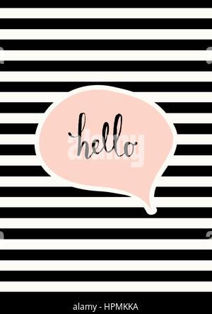 Cute speech bubble in pastel pink on striped background with text Hello. Stock Vector