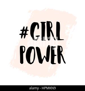 Girl Power - inspirational quote poster design. Hand lettered text in black with pale pink brush stroke on white. Stock Vector