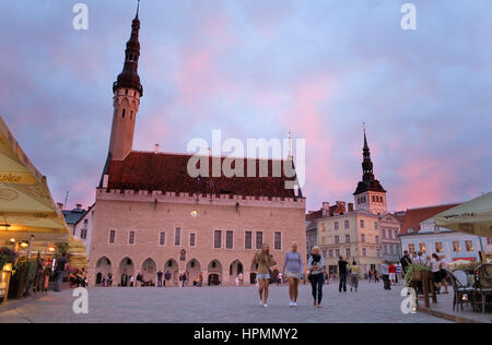 Medieval town hall in Town Hall Square,at right belltower of St Nicholas church,Tallinn,Estonia Stock Photo