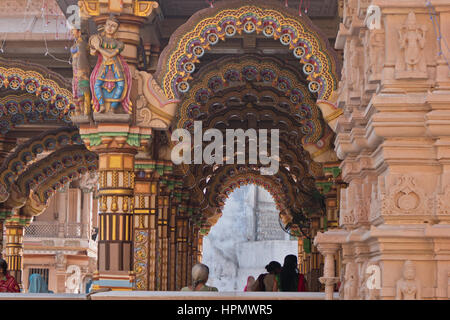 The brightly decorated Burmese teak archways in the Hindu Shri Swaminarayan Temple in Ahmedabad, India Stock Photo