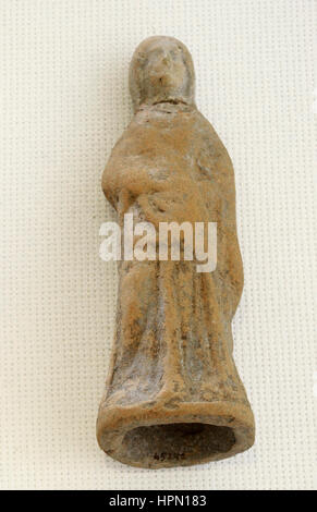 Roman Era. High Empire. Female figure. Terracotta. Woman  dressed with veil, cloak and tunic. Possible toy. National Archaeological Museum. Tarragona. Spain. Stock Photo