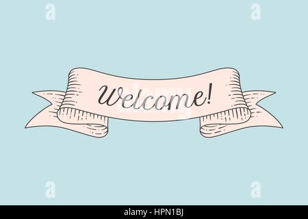 Greeting card with ribbon and word Welcome Stock Vector