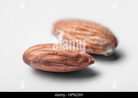 Two separated almonds on the white background. Close up view Stock Photo