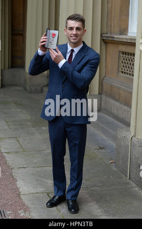 Gold medal winning Olympic gymnast Max Whotlock after he received his Member of the Order of British Empire (MBE) medal during an Investiture ceremony at Buckingham Palace, London. Stock Photo