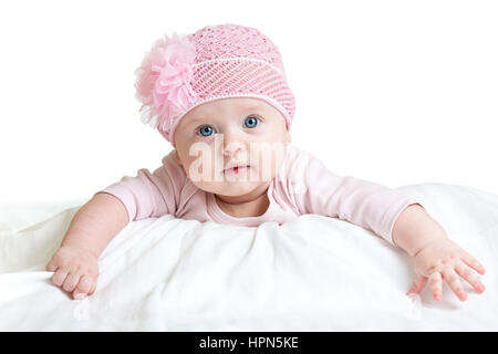 Portrait of three months old adorable baby girl wearing pink hat Stock Photo