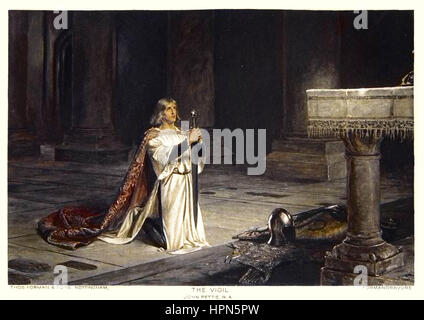 The Vigil by John Pettie, a knight kneel before an altar Stock Photo