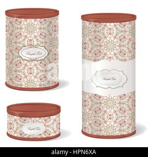 Vintage Patterned Box Set. Metal Tin Can. Retro Canned Food package. Product Packing with label for pack design. Stock Vector