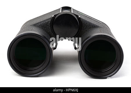 Black binoculars isolated on white background studio shot. Focus stacking. Extreme depth of field. Stock Photo