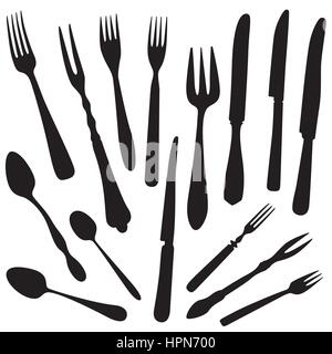 Table setting set. Fork, Knife, Spoon sketch set. Cutlery hand drawing collection. Catering engraved vector illustration. Restaurant service. Banquet  Stock Vector