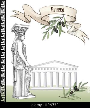 Ancient greece icon set: Acropolis Hill in Athens, Greek sculpture caryatid, olive branch, greek ornament and ribbon with copy space. Hand drawn Trave Stock Vector