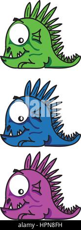 Little funny  and smiling dragons in three different colors Stock Vector