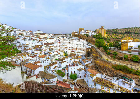 panorama with village Setenil de las Bodegas; white houses under rocks, province of Cádiz, Andalusia, Spain Stock Photo