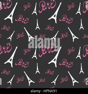 Seamless pattern Eiffel Tower with hearts.Hand drawing . Stock Vector