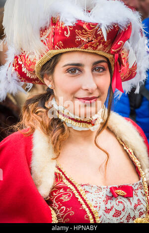 a young lady is seen dressed in a costume during the 2017 venice carnival Stock Photo