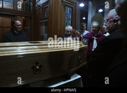 Archbishop of Dublin Diarmuid Martin blesses the coffin during a service for the reception of the remains of the late Cardinal Desmond Connell, Archbishop Emeritus of Dublin, at St. Mary's Pro-Cathedral in Dublin. Stock Photo