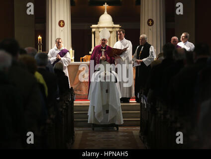 Archbishop of Dublin Diarmuid Martin speaks during a service for the reception of the remains of the late Cardinal Desmond Connell, Archbishop Emeritus of Dublin, at St. Mary's Pro-Cathedral in Dublin. Stock Photo