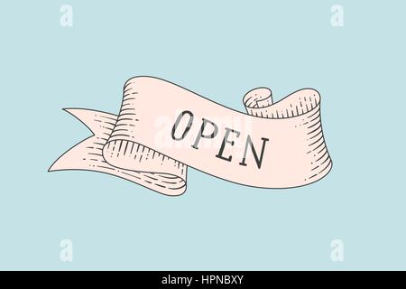 Greeting card with vintage ribbon and word Open Stock Vector