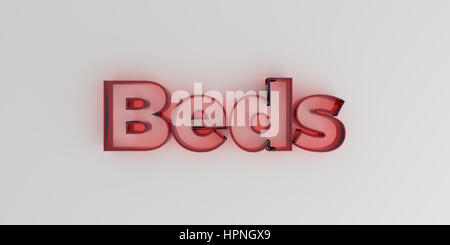 Beds - Red glass text on white background - 3D rendered royalty free stock image. Stock Photo