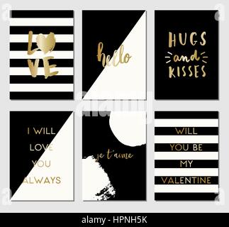 A set of 6 modern and stylish greeting card templates in black, white and gold. Stock Vector