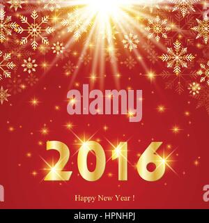 Happy New Year card 2016. Text design on the red background  with golden snowflakes. Vector illustration Stock Vector