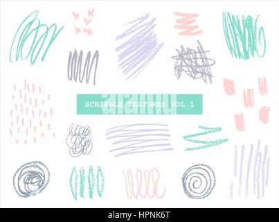 A set of hand drawn scribble textures in pastel colors isolated on white background. Stock Vector