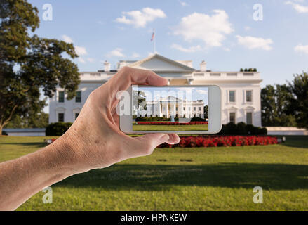 Snapshot on smartphone of the Main entrance of White House at 1600 Pennsylvania Avenue Washington DC for inauguration day Stock Photo