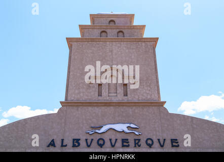 Albuquerque, USA - May 24, 2015: Logo of Greyhound Lines on the building of the Alvarado Transportation Center. Stock Photo