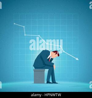 Business concept illustration. Sitting sad businessman. Falling chart on the blue background. Elements are layered separately in vector file. Stock Vector
