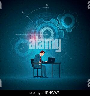 Business concept illustration. Businessman sitting and working with laptop. Cogwheel technical drawing on background. Elements are layered separately  Stock Vector