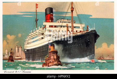 Postcard of the Cunard ship R.M.S. Samaria, illustrated by Kenneth Shoesmith. The Samaria was launched in 1920 and laid up in 1955. Stock Photo