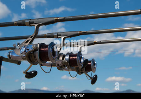 Fishing rods with reels on a support system rod pod. Carp fishing