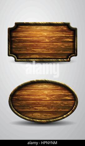 Wooden signs, vector icon set on white isolated Stock Vector