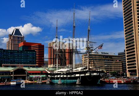 Baltimore, Maryland - July 22, 2013:  Historic 1853 three masted sailing ship U. S. S. Constellation anchored at Inner Harbor Stock Photo