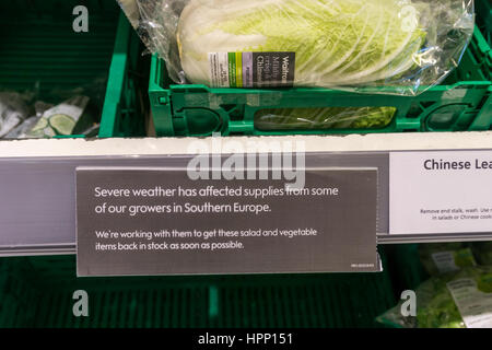 Sign in Waitrose supermarket says that vegetable supplies have been affected by severe weather in Southern Europe. Stock Photo