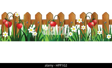 Green Grass with strawberries on wooden rustic fence background seamless isolated clip art vector on white Stock Vector