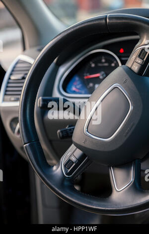 steering wheel in the car, close up Stock Photo