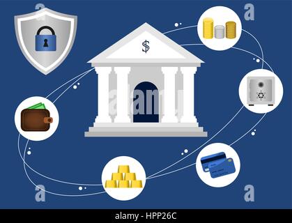 Safe banking concept. Financial transaction, banking services,savings,commerce,security, concept. Bank building with shield and padlock. Vector Stock Vector