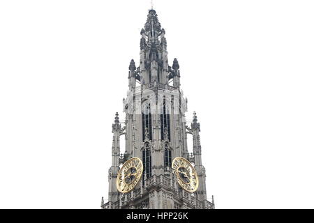 Tower of the Cathedral of our Lady (Onze-lieve-vrouwekathedraal) seen from Grote Markt (Great Market Square), Antwerp, Belgium. Stock Photo