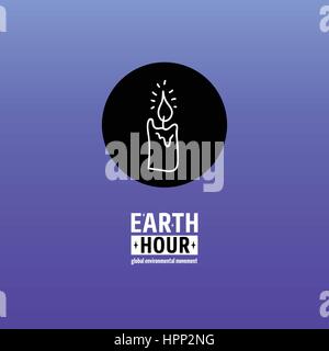 Earth Hour is a Global Environmental Movement. Vector icon with text. Concept of energy saving and changing climate change. Burning candle Stock Vector