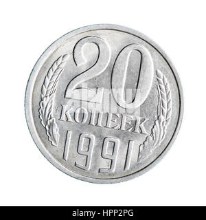 Old soviet coin (twenty copecks) isolated over white background Stock Photo