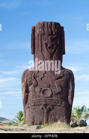 Easter Island moai with birdman (half bird half man) motifs carved on his back Stock Photo