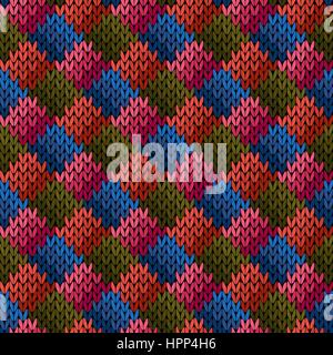 Knitted multicolor ornate seamless vector pattern with quadratic elements as a fabric texture Stock Vector