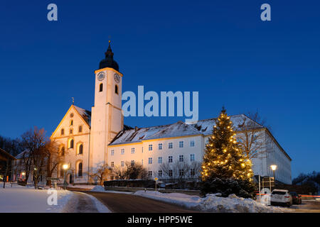 Illuminated Christmas tree in front of monastery church Dietramszell, twilight, Upper Bavaria, Bavaria, Germany Stock Photo