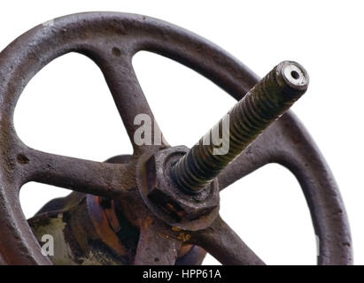 Industrial Valve Wheel And Stem, Weathered Grunge Latch Closeup Isolated Stock Photo