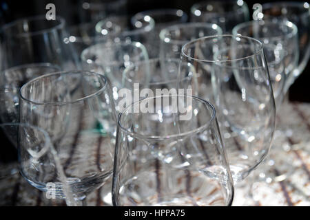 Wine Glasses set out for a dinner party. Stock Photo
